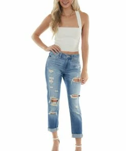 KanCan Mid Wash Mid Rise Heavy Torn Boyfriend Jeans
