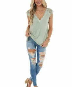 POL Clothing Sage Cap Sleeve Loose Knit Top With Crochet Lace Detail Tops