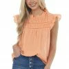 Ces Femme Bright Melon Cap Sleeve Blouse With Lace Yoke