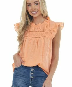 Ces Femme Bright Melon Cap Sleeve Blouse With Lace Yoke