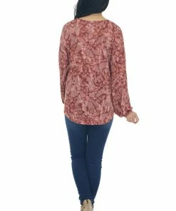 GeeGee Tops Marsala Camo Bubble Sleeve Top With Front Knot