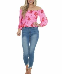Entro Hot Pink And Red Floral Print Off The Shoulder Knit Top Tops