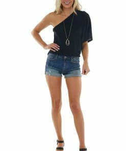 BiBi Tops Black Elastic One Shoulder Jersey Knit Top