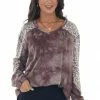 Easel Mauve Tie Dye And Animal Print Long Sleeve Top Tops