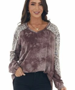 Easel Mauve Tie Dye And Animal Print Long Sleeve Top Tops