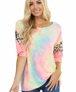 Vanilla Bay Neon Tie Dye Top With Leopard Print And Colorblock Sleeves Tops