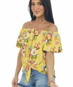 Haptics Canary Yellow Floral Print Off Shoulder Top