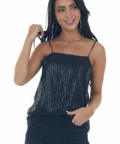 143 Story Tops Black Sequin Square Neck Adjustable Strap Tank 26 143 Story Tops Black Sequin Square Neck Adjustable Strap Tank