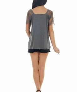 AND THE WHY Tops Graphite Short Sleeve V Neck Knit Top With Lace Details