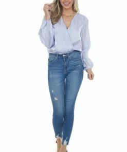 Entro Tops Periwinkle Surplice Shimmery Bodysuit