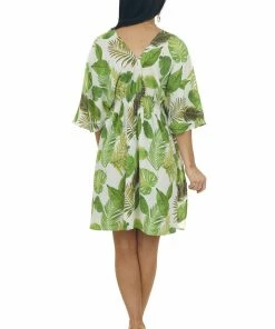 Entro White And Lime Leaf Print Half Sleeve Dress Dresses