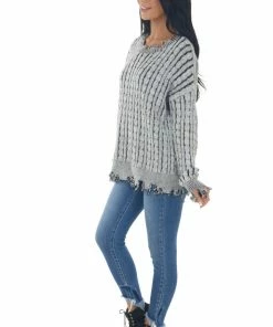 BiBi Black Cable Knit Distressed Trim Sweater