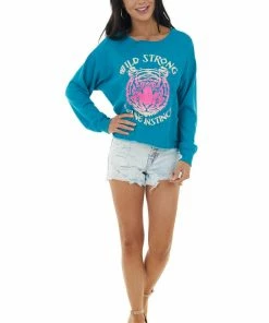 Trend Notes Rich Teal Long Sleeve Sweatshirt With Tiger Graphic Tops