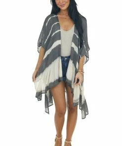Umgee Shimmery Graphite Tie Dye Kimono With Back Tie Tops