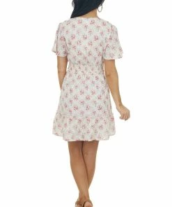 Sweet Lemon Champagne Floral Surplice Smocked Mini Dress Dresses