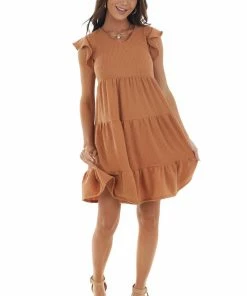 Ces Femme Cinnamon Ribbed Knit Tiered Short Dress Dresses
