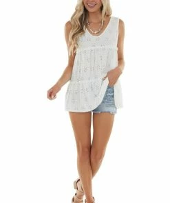 BiBi Ivory Eyelet Lace Tiered Sleeveless Top