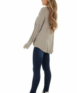 Chrysanthemum Tops Taupe Button Up Long Sleeve Knit Top With Front Knot Detail