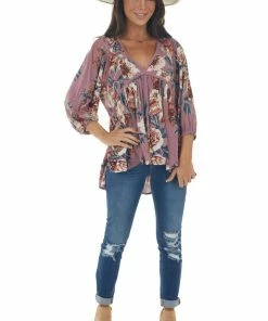 Umgee Pale Berry Floral Long Sleeve Babydoll Blouse Tops 24 Umgee Pale Berry Floral Long Sleeve Babydoll Blouse Tops
