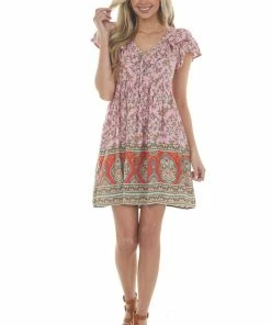 Umgee Carnation Multiprint Cap Sleeve Short Dress