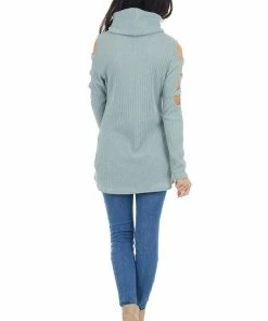 Lovely Melody Tops Sage Ribbed Knit Long Ladder Sleeve Cowl Neck Top