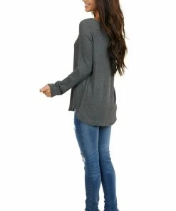 7th Ray Tops Stormy Grey Waffle Knit Long Sleeve Top With V Stitch