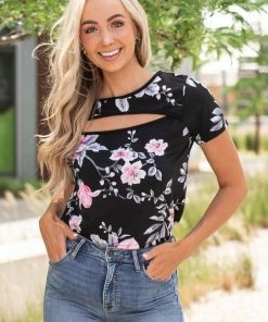 HEIMISH Black Floral Print Knit Top With Chest Cut Out Tops
