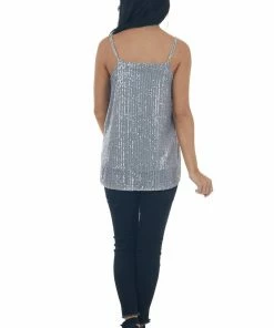 143 Story Steel Sequin Square Neck Adjustable Strap Tank Tops