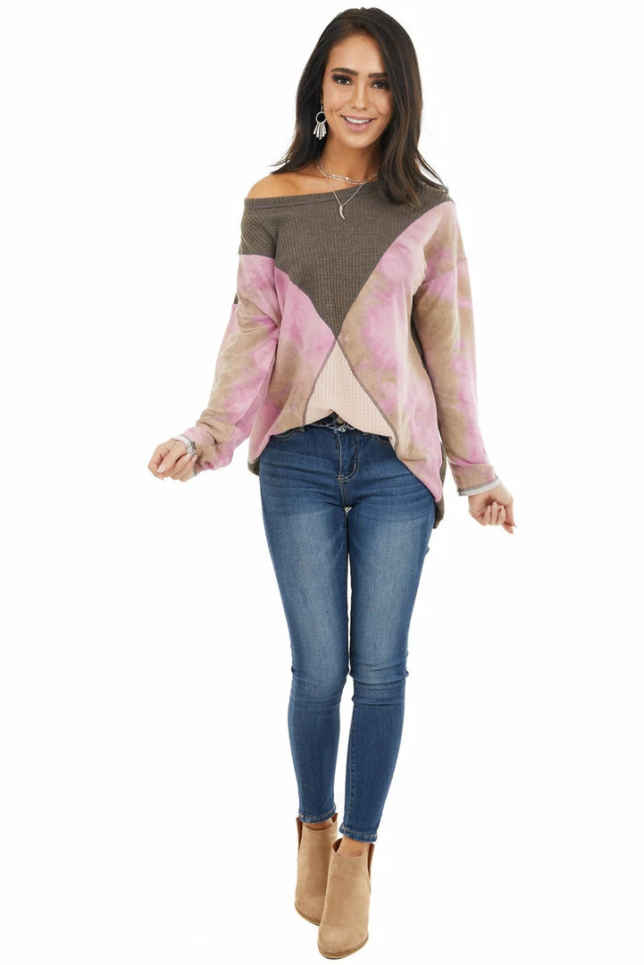 BiBi Tops Taupe And Blush Colorblock Long Sleeve Top With Tie Dye 17 BiBi Tops Taupe And Blush Colorblock Long Sleeve Top With Tie Dye