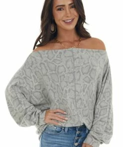143 Story Dove Grey Snake Print Long Dolman Sleeve Off Shoulder Top Tops