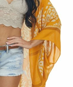 ANGIE Tops Marigold Damask Kimono With Pom Pom Detail