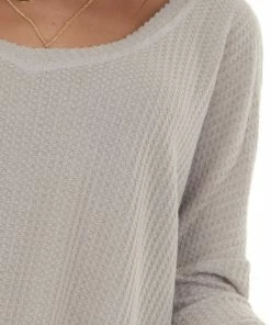 Sweet Lovely Light Taupe Raw Edge V Neck Waffle Knit Top Tops