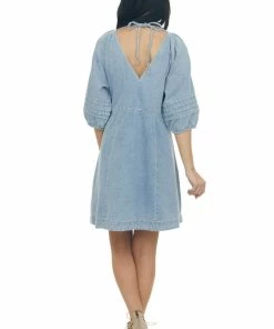 Umgee Medium Wash Pleated Puff Sleeve Denim Dress Dresses 27 Umgee Medium Wash Pleated Puff Sleeve Denim Dress Dresses