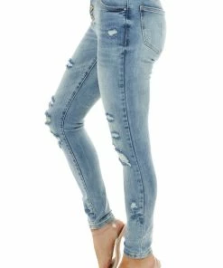 Special A Medium Wash Distressed Mid Rise Button Up Skinny Jeans