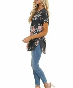BOMBOM Tops Charcoal Floral Print Short Sleeve Top With Rounded Hemline 28 BOMBOM Tops Charcoal Floral Print Short Sleeve Top With Rounded Hemline