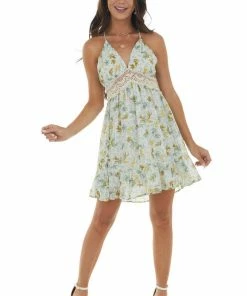 Peach Love Off White And Sage Floral Print Short Dress