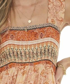 Davi & Dani Peach Printed Sleeveless Smocked Maxi Dress
