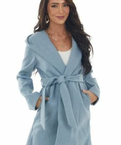 Style Melody Melange Powder Blue Hooded Brushed Knit Coat Outerwear