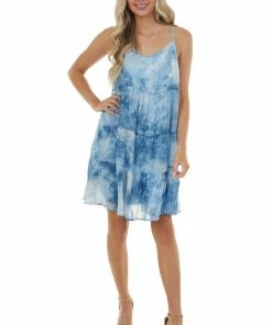 Umgee Blue Tie Dye Swiss Dot Short Dress With Straps