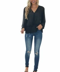 Umgee Black Surplice Neck Loose Peplum Ribbed Top Tops