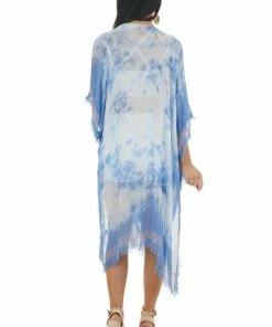 ANGIE Dusty Blue Tie Dye Print Open Front Lightweight Kimono Tops