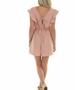 Ces Femme Dusty Peach Smocked Side Ruffle Woven Romper Dresses