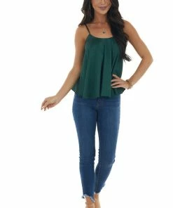 She + Sky Forest Green Satin Flowy Round Neckline Top