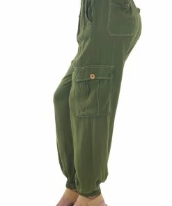 ANGIE Olive Elastic Waist Woven Cargo Pocket Joggers