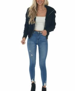 Style Melody Black Teddy Turtleneck Zip Up Sweater Jacket