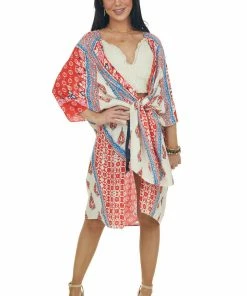 ANGIE Tops Scarlet And Cream Printed Side Slit Kimono
