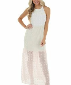 Andree Ivory Colorblock Swiss Dot Maxi Dress