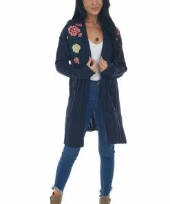 IWT Brands Navy Ribbed Cardigan With Floral Embroidery Tops 12 IWT Brands Navy Ribbed Cardigan With Floral Embroidery Tops