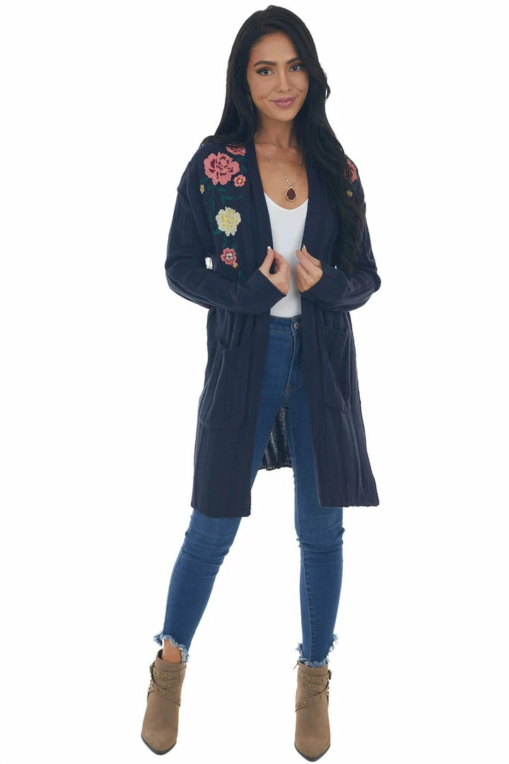 IWT Brands Navy Ribbed Cardigan With Floral Embroidery Tops 5 IWT Brands Navy Ribbed Cardigan With Floral Embroidery Tops