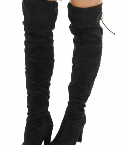 CCOCCI Black Faux Suede Above The Knee High Heel Boots With Tie